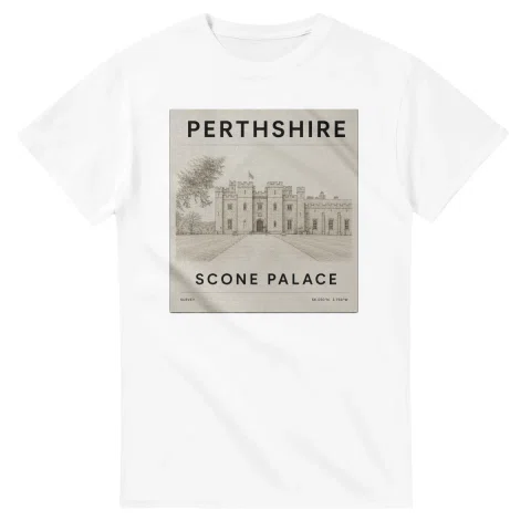 Fine-line engraving-style drawing for Perthshire, with a landmark caption and small coordinate text.