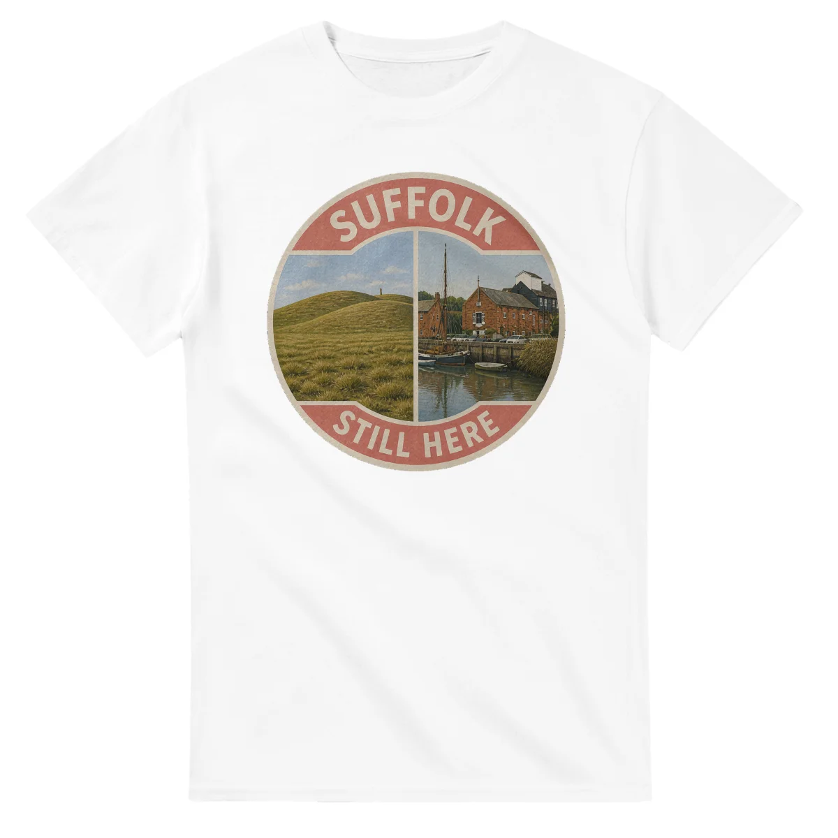 Painted, panelled scenic illustration for Suffolk, with paired local scenes and the place name in lettering.