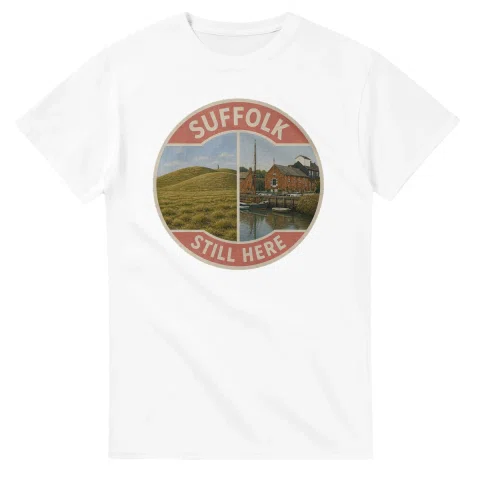 Painted, panelled scenic illustration for Suffolk, with paired local scenes and the place name in lettering.