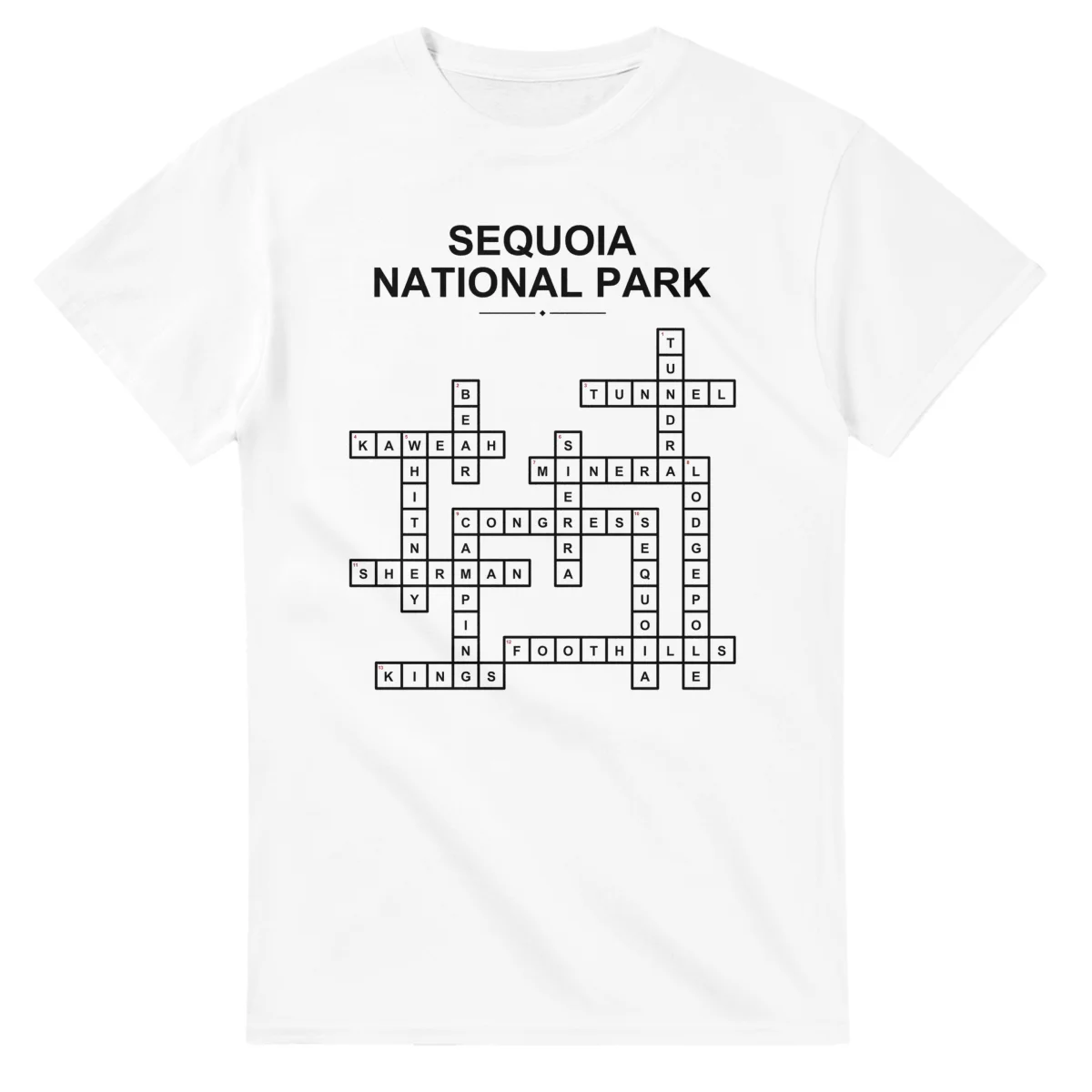 Monochrome crossword sheet for Sequoia National Park, with a large place-name heading, a letter grid, and numbered across and down clues.