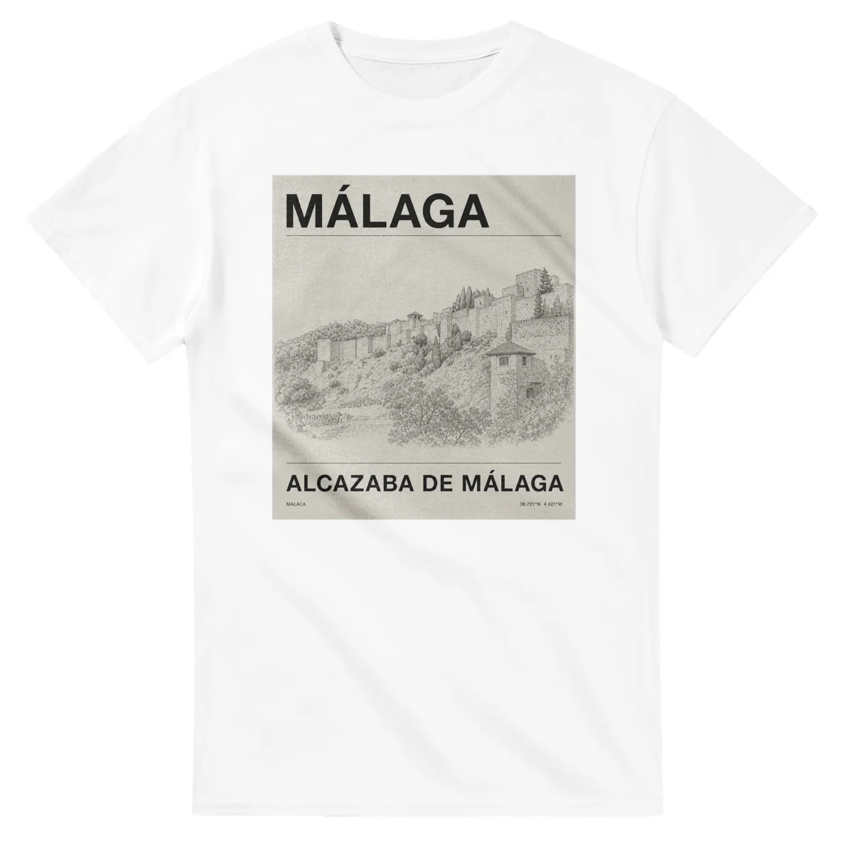 Fine-line engraving-style drawing for Málaga, with a landmark caption and small coordinate text.
