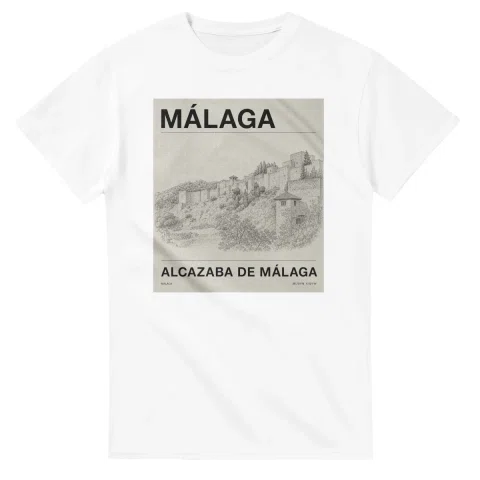 Fine-line engraving-style drawing for Málaga, with a landmark caption and small coordinate text.