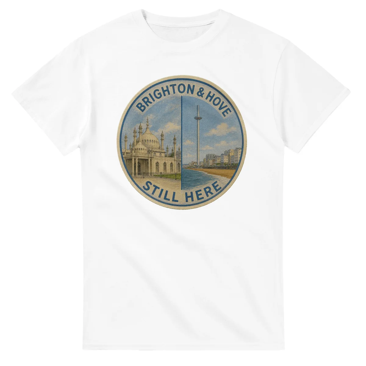 Painted, panelled scenic illustration for Brighton & Hove, with paired local scenes and the place name in lettering.