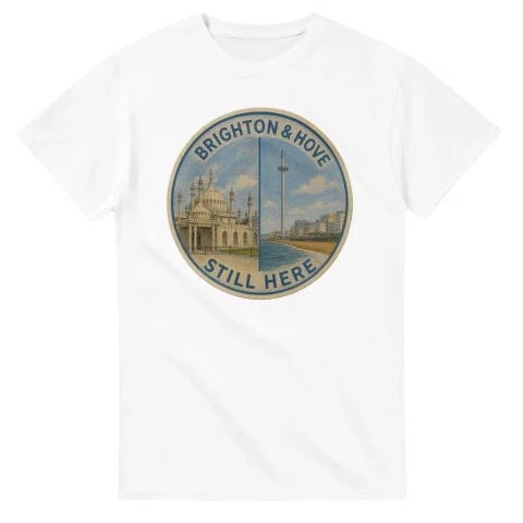 Painted, panelled scenic illustration for Brighton & Hove, with paired local scenes and the place name in lettering.