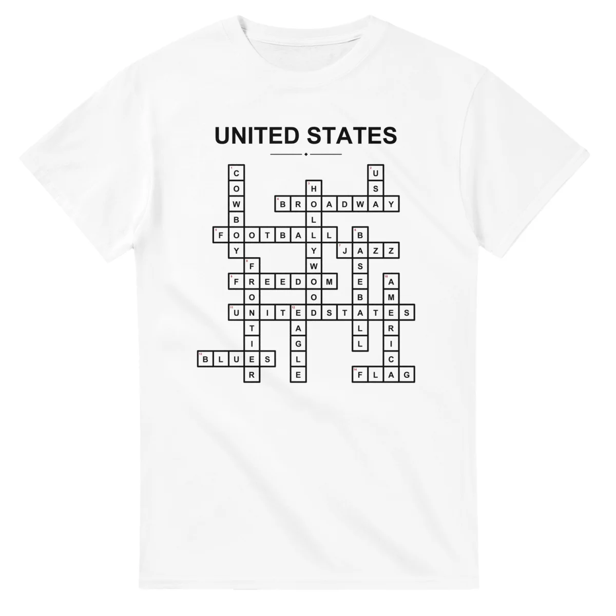 Monochrome crossword sheet for United States, with a large place-name heading, a letter grid, and numbered across and down clues.