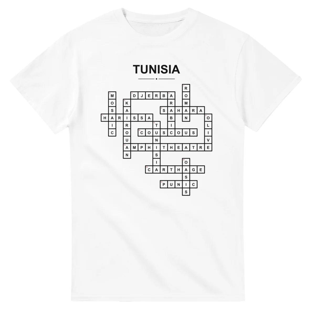 Monochrome crossword sheet for Tunisia, with a large place-name heading, a letter grid, and numbered across and down clues.