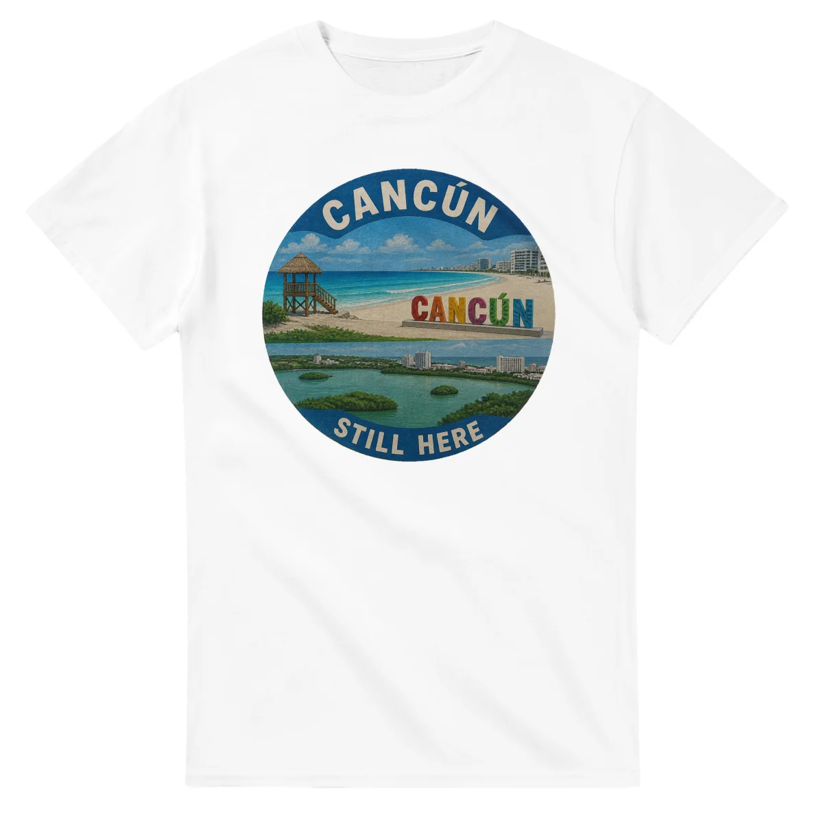 Painted, panelled scenic illustration for Cancún, with paired local scenes and the place name in lettering.