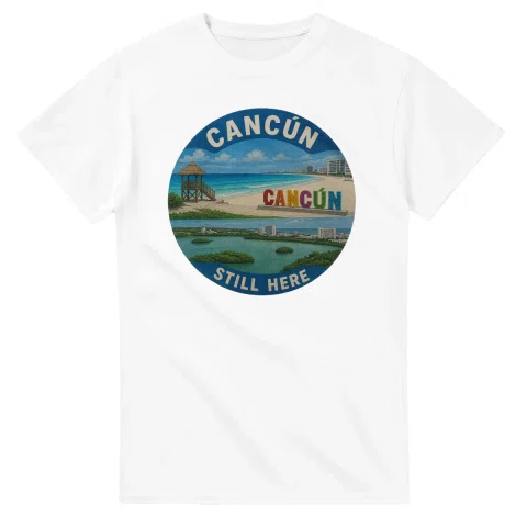 Painted, panelled scenic illustration for Cancún, with paired local scenes and the place name in lettering.