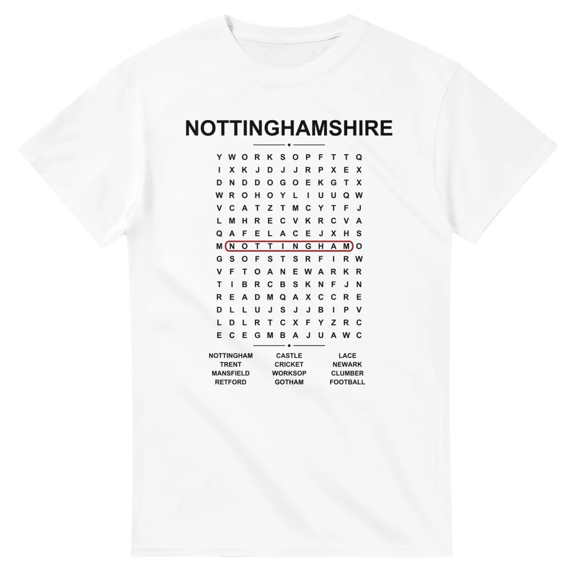 Word-search sheet for Nottinghamshire, with a large place-name heading, a letter grid, a local answer list, and a red highlighted example word.