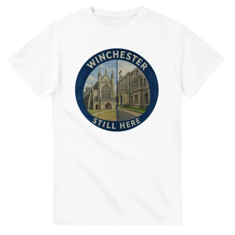 Painted, panelled scenic illustration for Winchester, with paired local scenes and the place name in lettering.