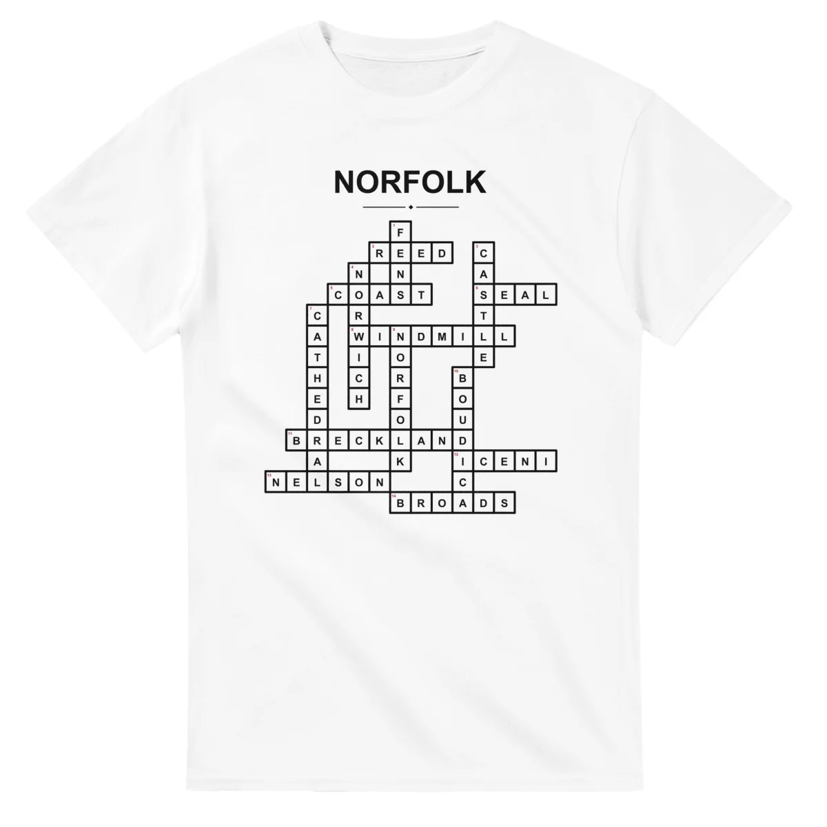 Monochrome crossword sheet for Norfolk, with a large place-name heading, a letter grid, and numbered across and down clues.