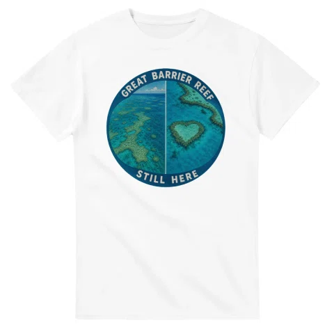 Painted, panelled scenic illustration for Great Barrier Reef, with paired local scenes and the place name in lettering.
