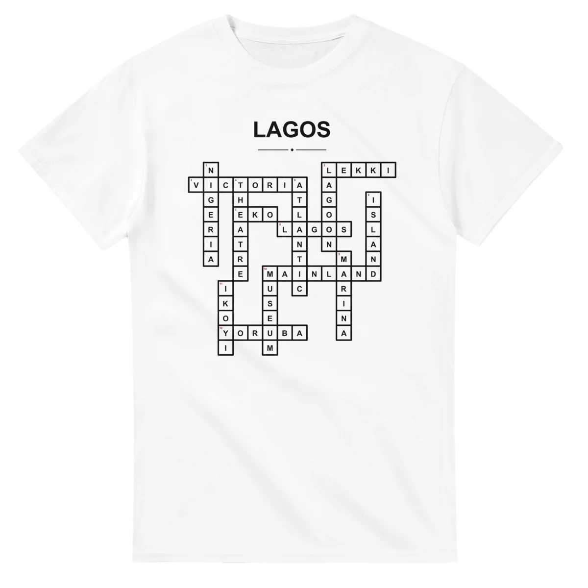Monochrome crossword sheet for Lagos, with a large place-name heading, a letter grid, and numbered across and down clues.