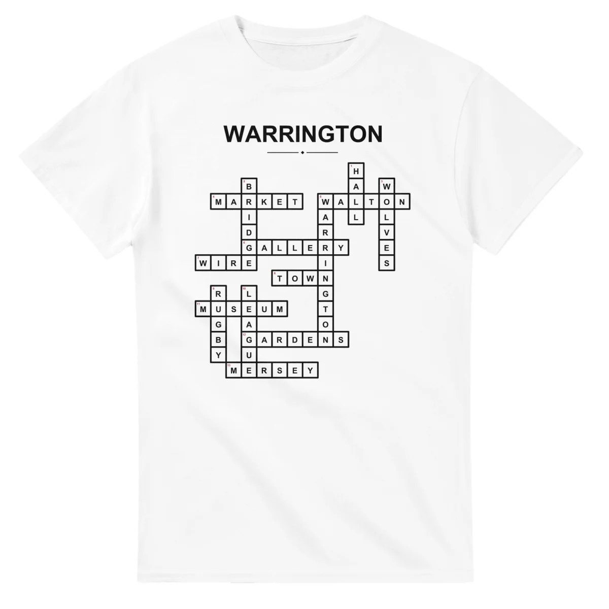 Monochrome crossword sheet for Warrington, with a large place-name heading, a letter grid, and numbered across and down clues.