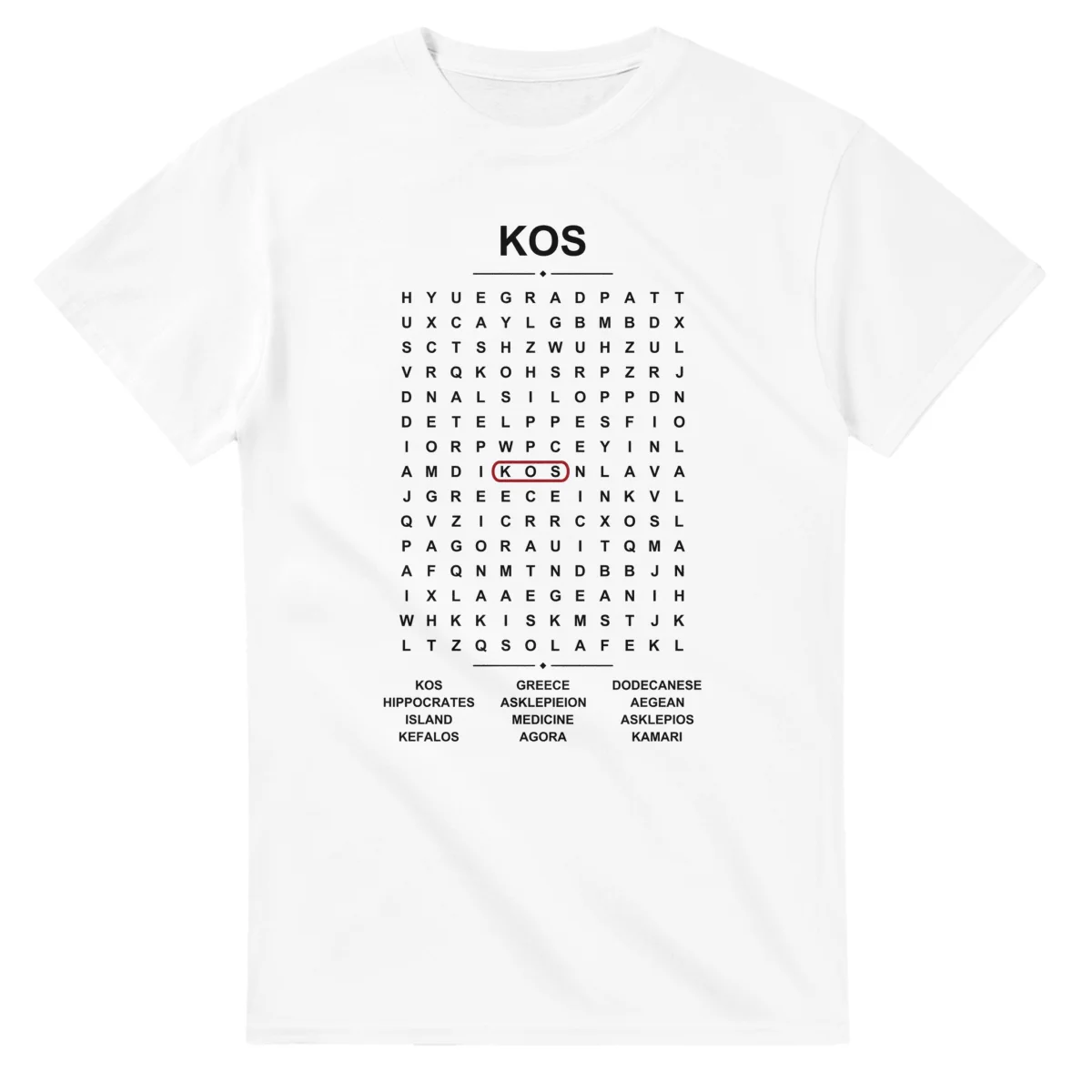 Word-search sheet for Kos, with a large place-name heading, a letter grid, a local answer list, and a red highlighted example word.