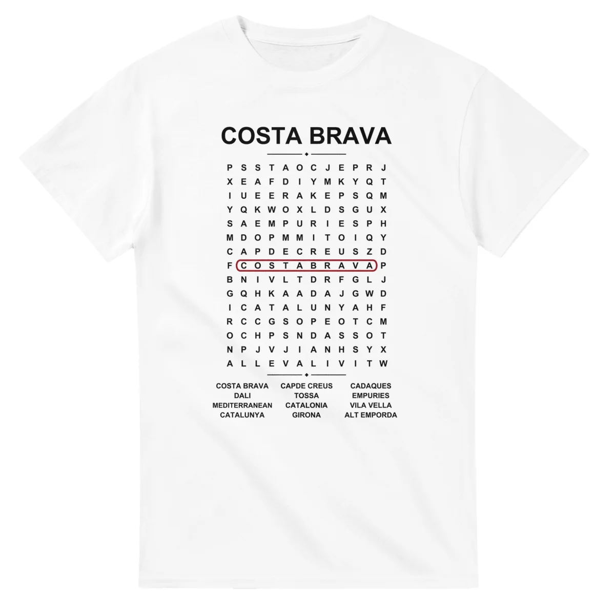 Word-search sheet for Costa Brava, with a large place-name heading, a letter grid, a local answer list, and a red highlighted example word.