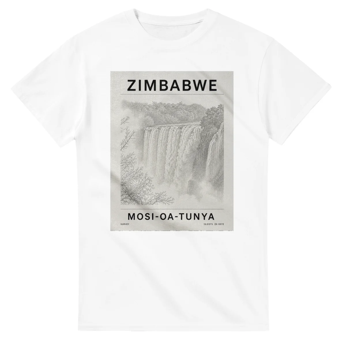 Fine-line engraving-style drawing for Zimbabwe, with a landmark caption and small coordinate text.
