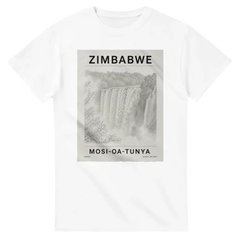 Fine-line engraving-style drawing for Zimbabwe, with a landmark caption and small coordinate text.