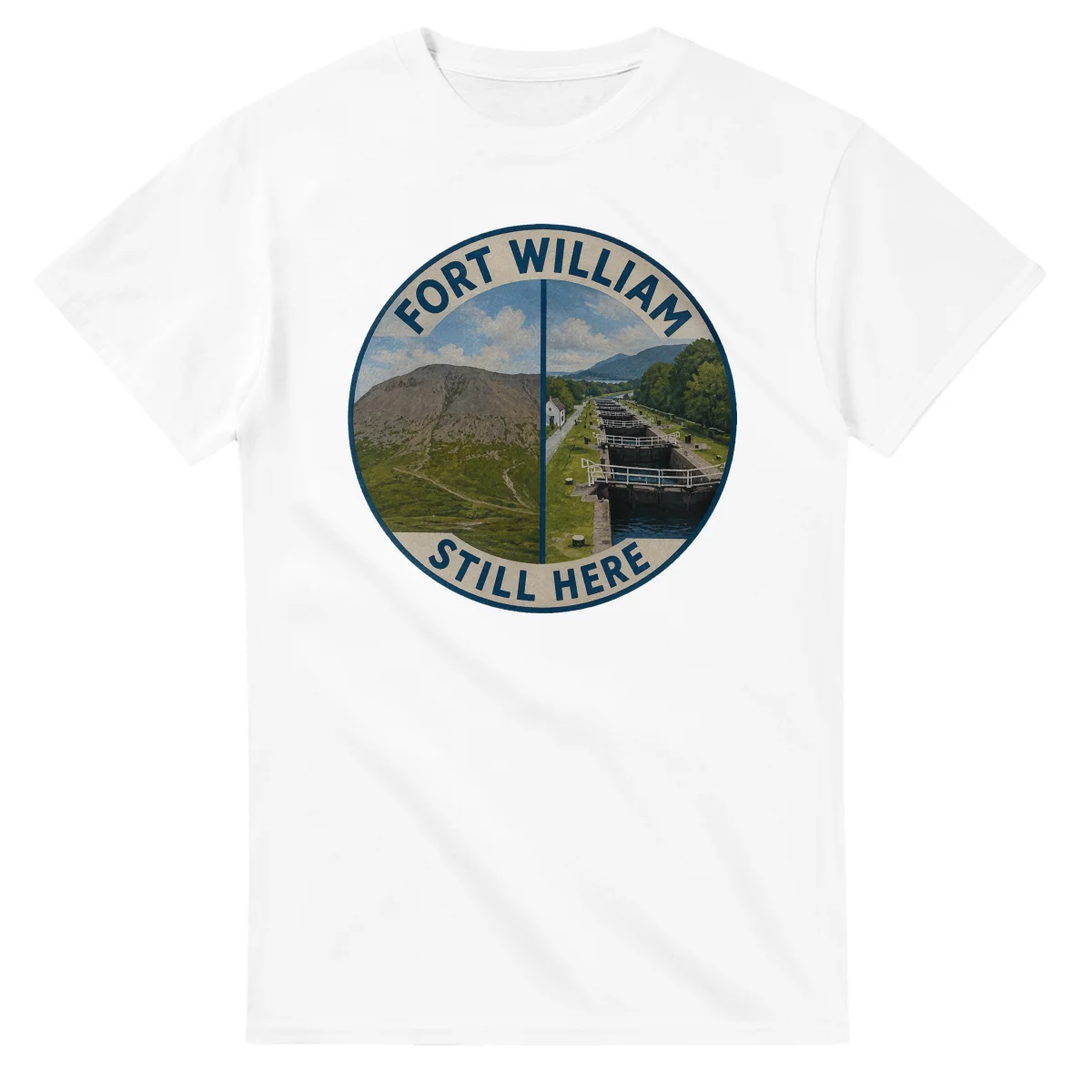 Painted, panelled scenic illustration for Fort William, with paired local scenes and the place name in lettering.