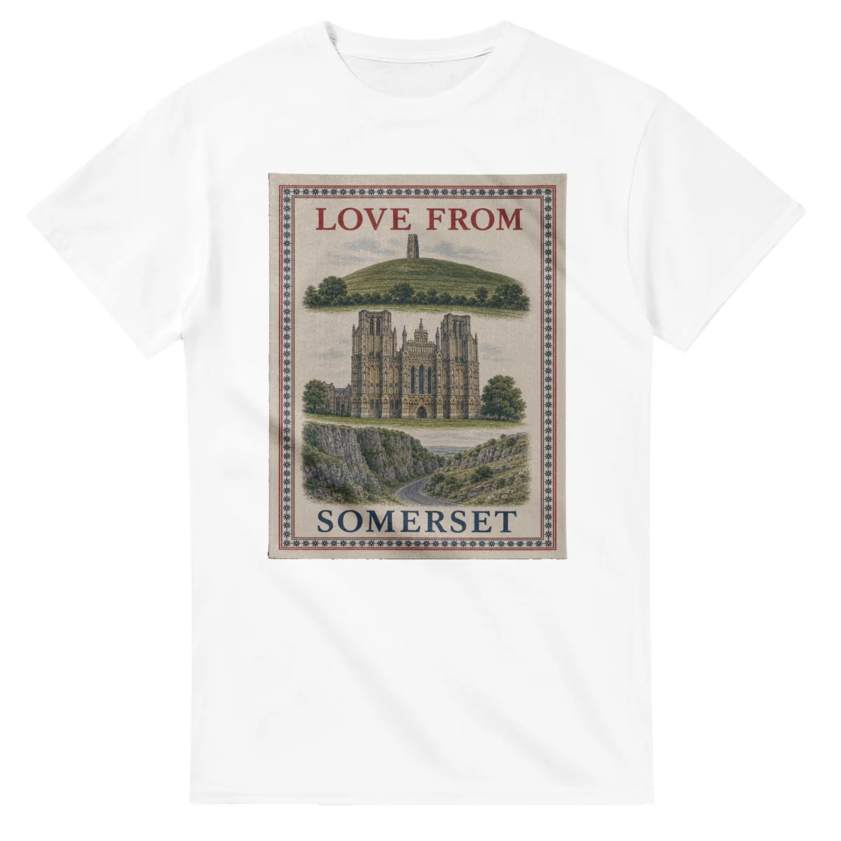 Framed scenic design for Somerset, with several local views, a decorative border and LOVE FROM lettering.