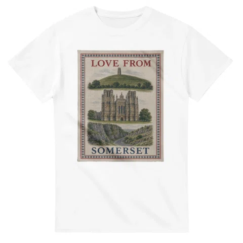 Framed scenic design for Somerset, with several local views, a decorative border and LOVE FROM lettering.