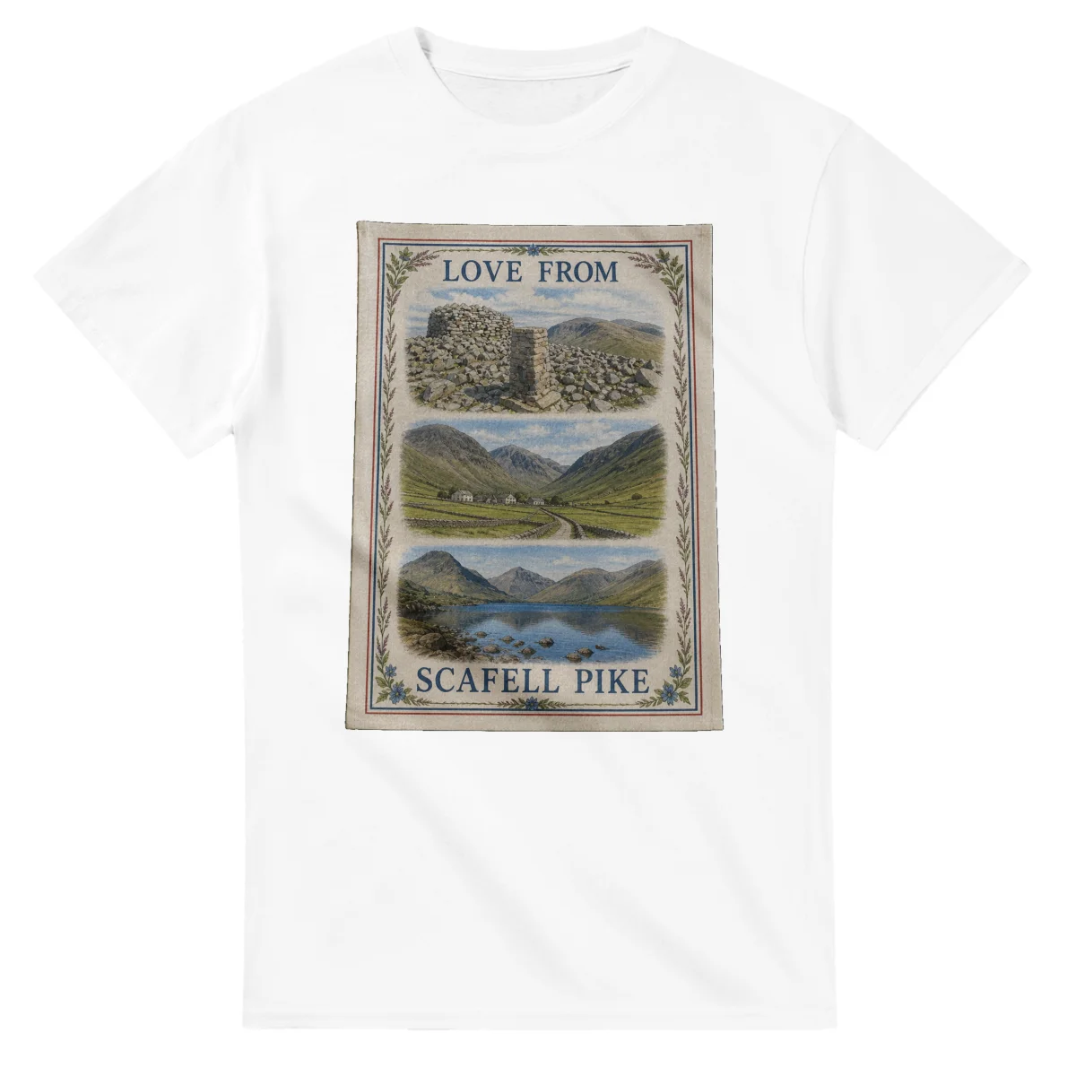 Framed scenic design for Scafell Pike, with several local views, a decorative border and LOVE FROM lettering.