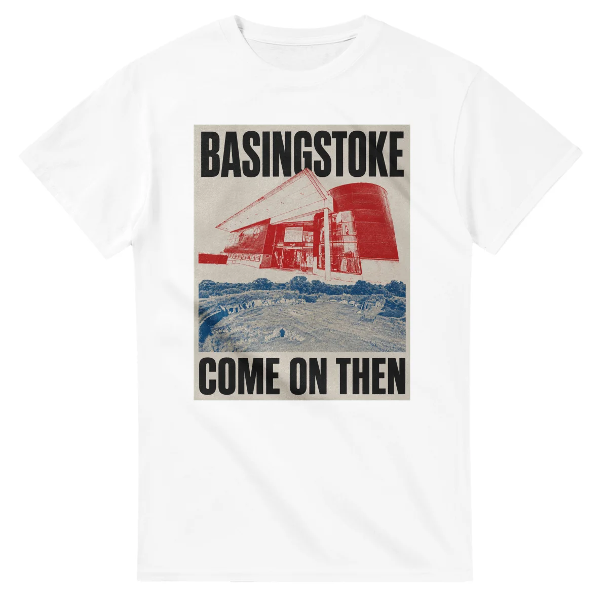 Two-colour scenic illustration for Basingstoke, with the place name and COME ON THEN lettering.