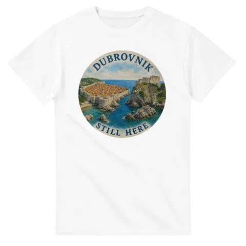 Painted, panelled scenic illustration for Dubrovnik, with paired local scenes and the place name in lettering.