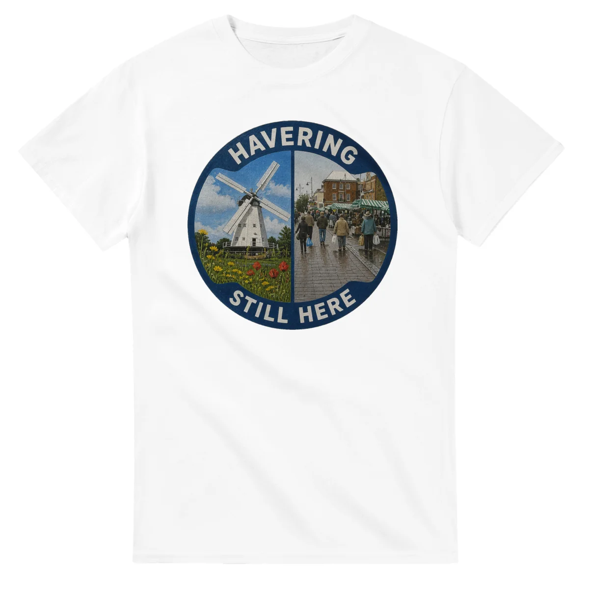 Painted, panelled scenic illustration for London Borough of Havering, with paired local scenes and the place name in lettering.