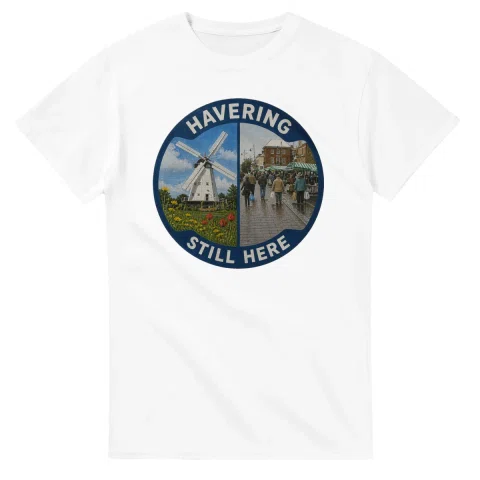 Painted, panelled scenic illustration for London Borough of Havering, with paired local scenes and the place name in lettering.