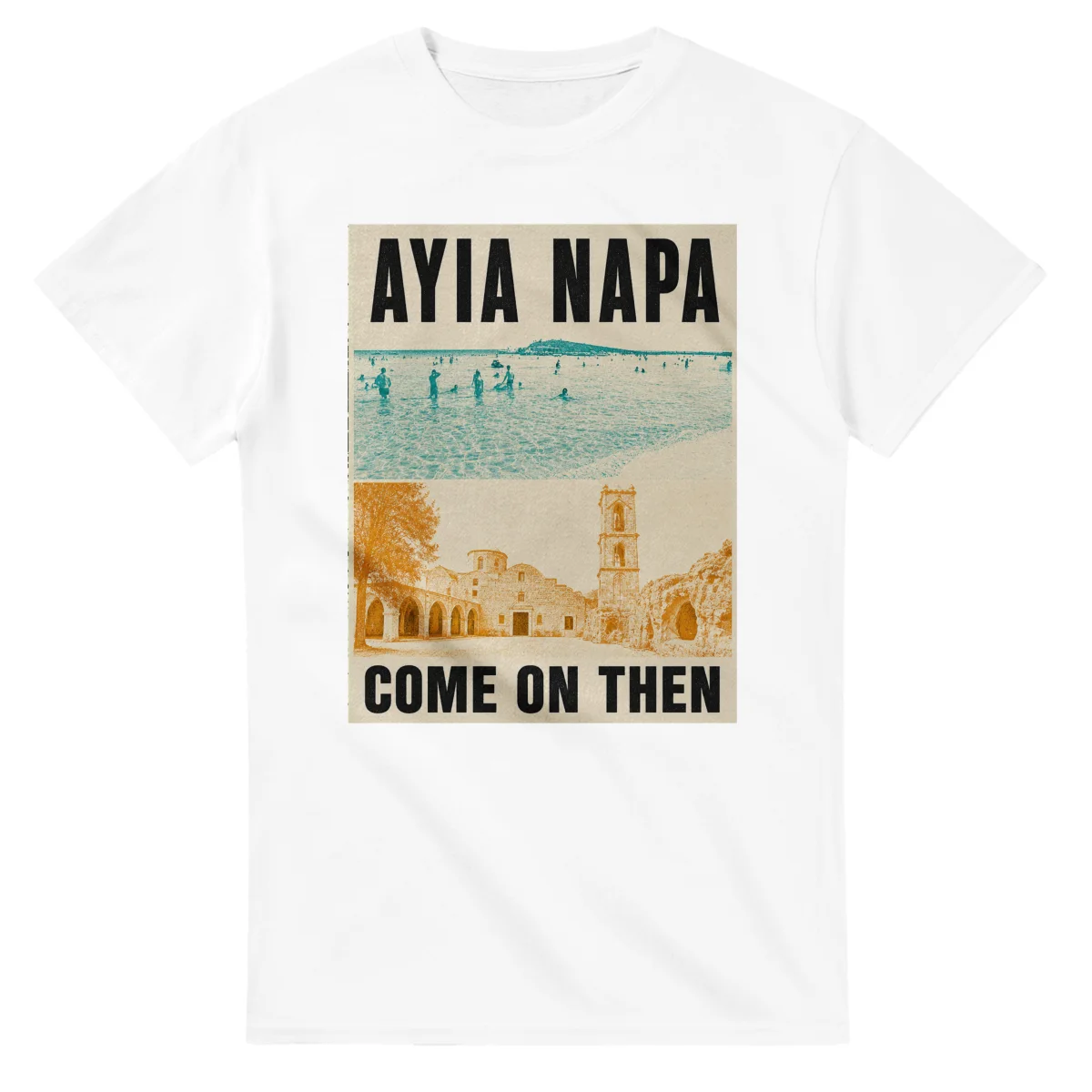 Two-colour scenic illustration for Ayia Napa, with the place name and COME ON THEN lettering.