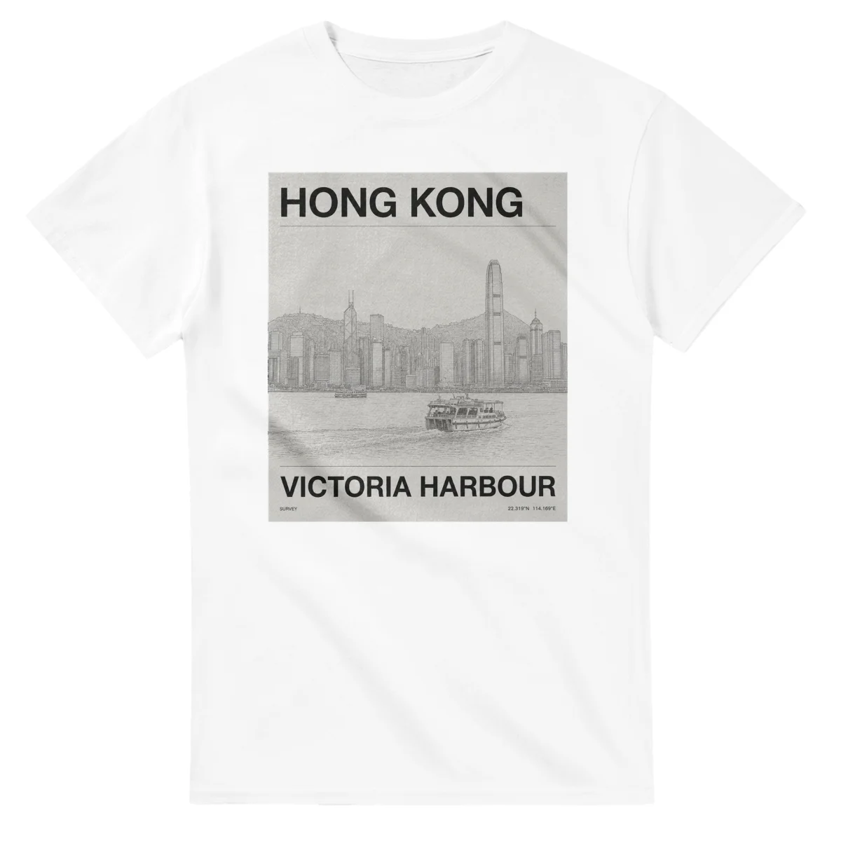 Fine-line engraving-style drawing for Hong Kong, with a landmark caption and small coordinate text.