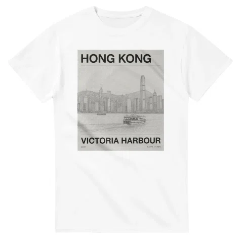 Fine-line engraving-style drawing for Hong Kong, with a landmark caption and small coordinate text.