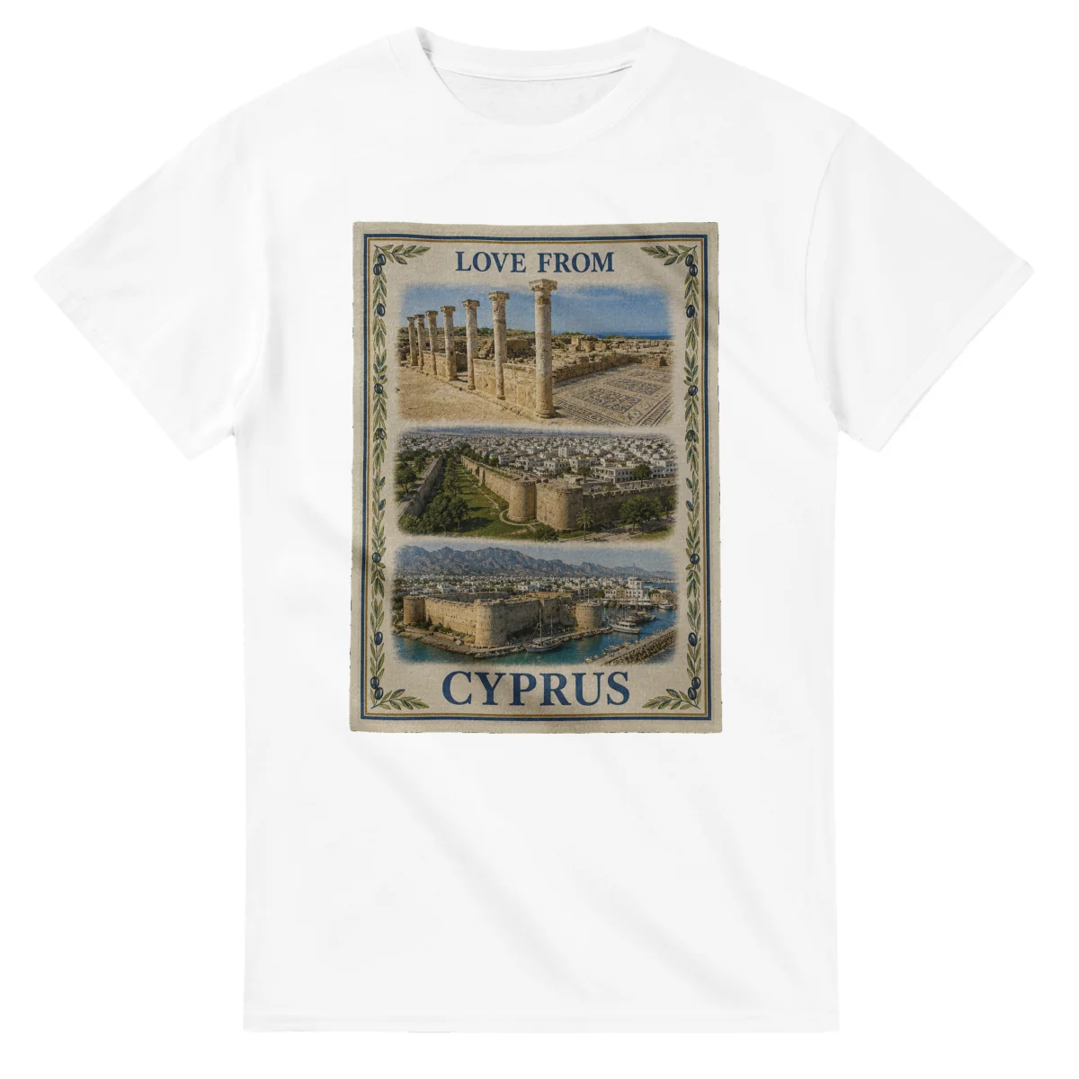 Framed scenic design for Cyprus, with several local views, a decorative border and LOVE FROM lettering.