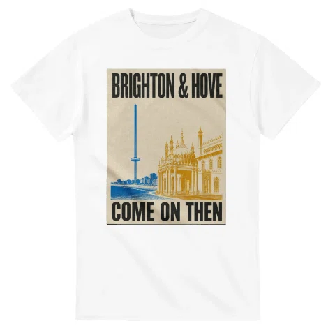Two-colour scenic illustration for Brighton & Hove, with the place name and COME ON THEN lettering.