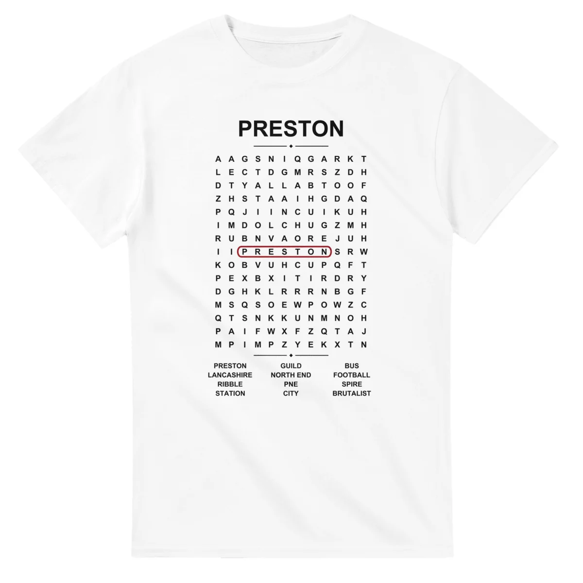 Word-search sheet for Preston, with a large place-name heading, a letter grid, a local answer list, and a red highlighted example word.