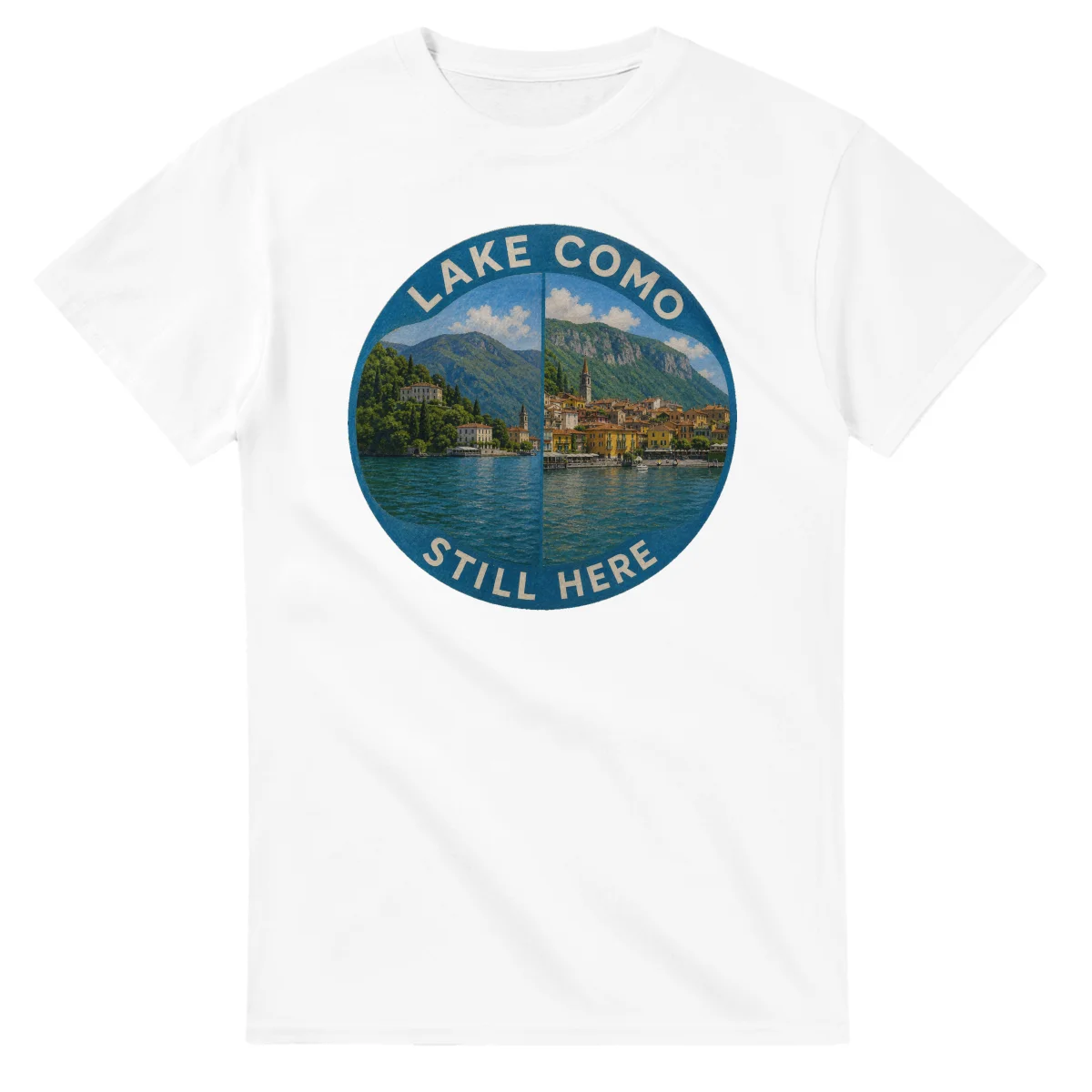 Painted, panelled scenic illustration for Lake Como, with paired local scenes and the place name in lettering.