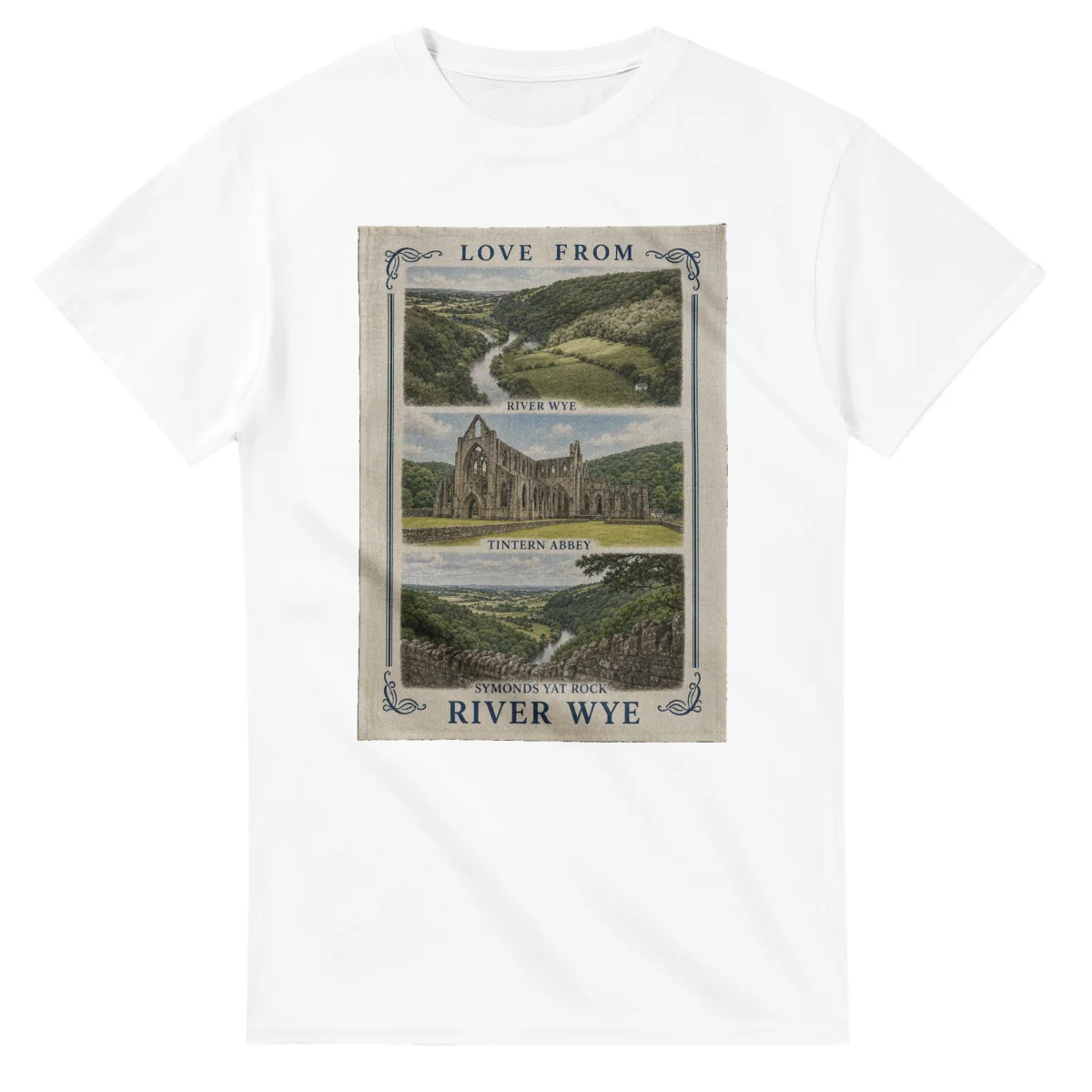 Framed scenic design for River Wye, with several local views, a decorative border and LOVE FROM lettering.