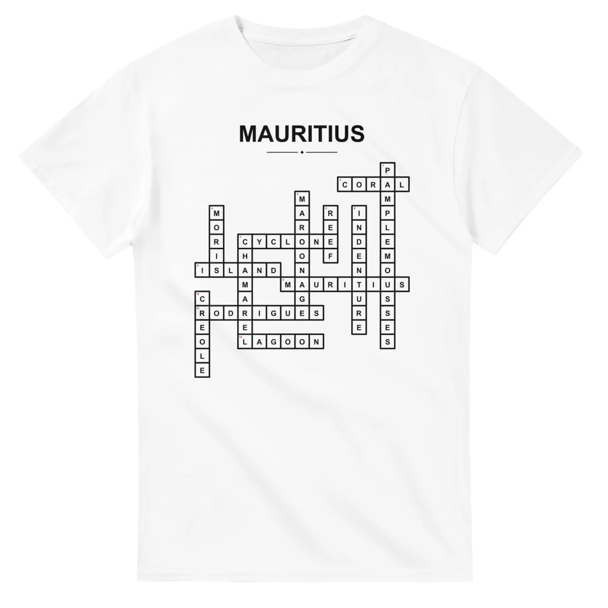 Monochrome crossword sheet for Mauritius, with a large place-name heading, a letter grid, and numbered across and down clues.