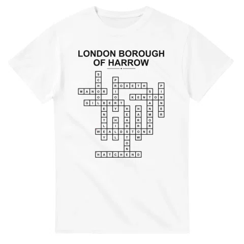Monochrome crossword sheet for London Borough of Harrow, with a large place-name heading, a letter grid, and numbered across and down clues.