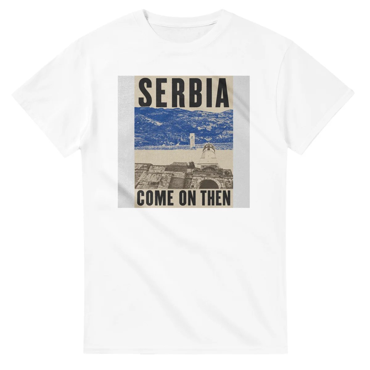 Two-colour scenic illustration for Serbia, with the place name and COME ON THEN lettering.