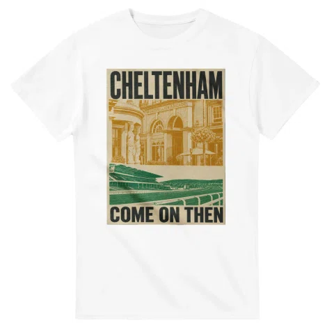 Two-colour scenic illustration for Cheltenham, with the place name and COME ON THEN lettering.