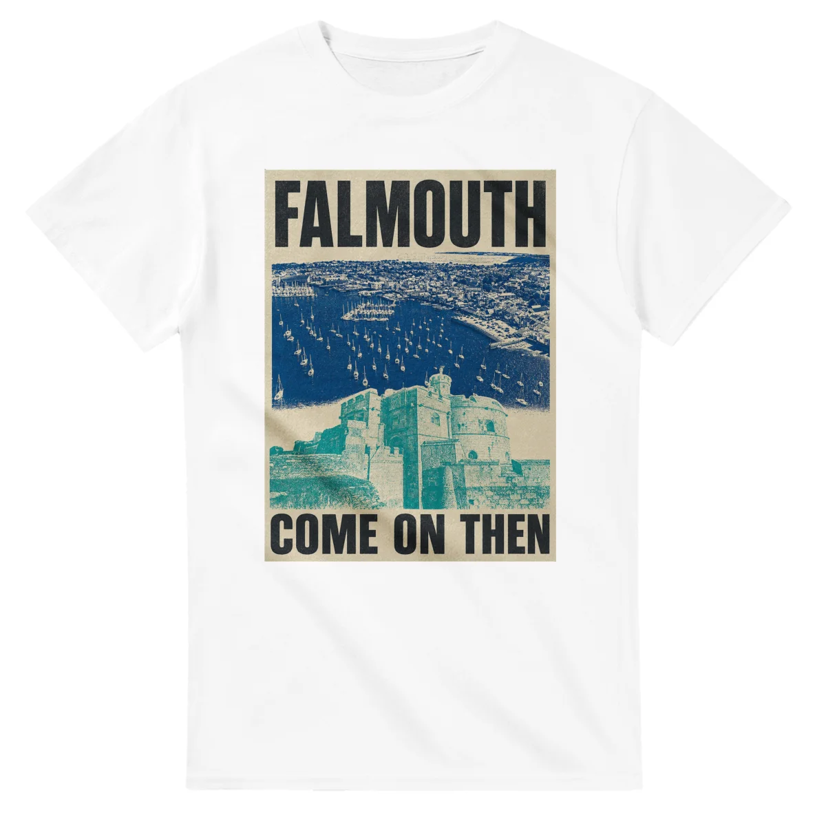 Two-colour scenic illustration for Falmouth, with the place name and COME ON THEN lettering.