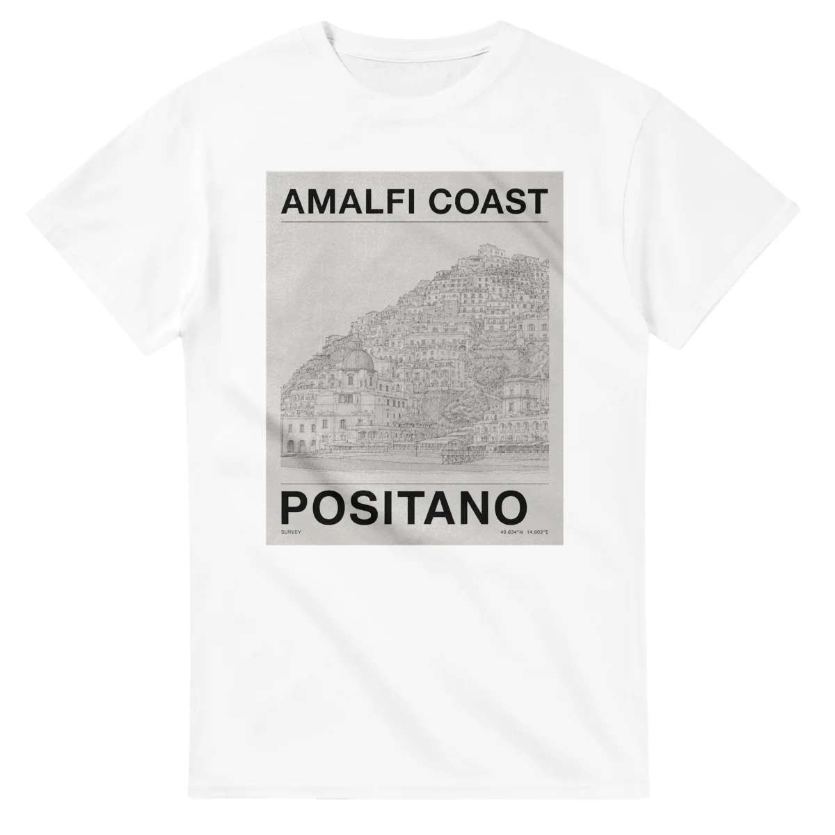 Fine-line engraving-style drawing for Amalfi Coast, with a landmark caption and small coordinate text.
