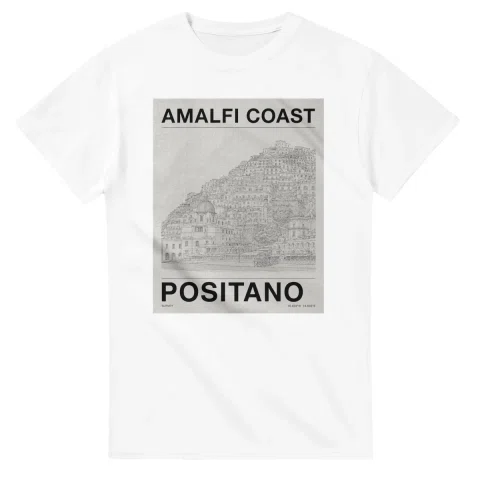 Fine-line engraving-style drawing for Amalfi Coast, with a landmark caption and small coordinate text.
