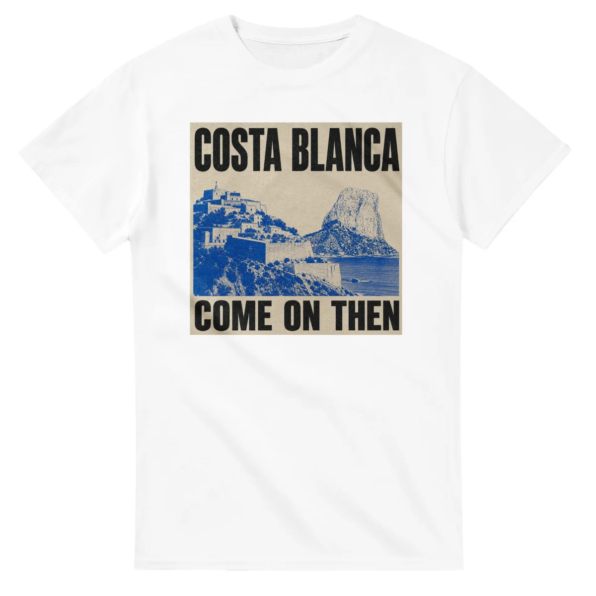 Two-colour scenic illustration for Costa Blanca, with the place name and COME ON THEN lettering.