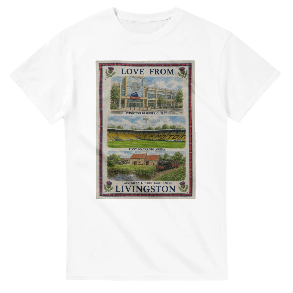 Framed scenic design for Livingston, with several local views, a decorative border and LOVE FROM lettering.