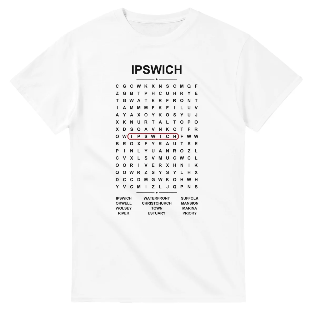 Word-search sheet for Ipswich, with a large place-name heading, a letter grid, a local answer list, and a red highlighted example word.