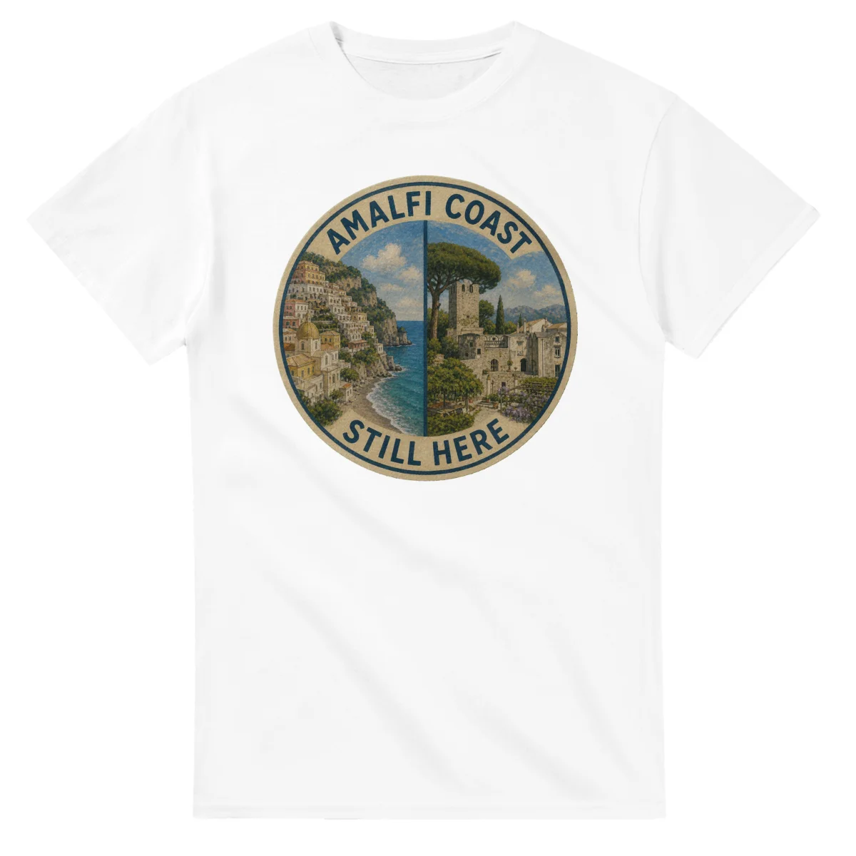 Painted, panelled scenic illustration for Amalfi Coast, with paired local scenes and the place name in lettering.
