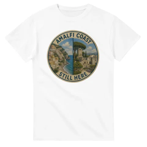 Painted, panelled scenic illustration for Amalfi Coast, with paired local scenes and the place name in lettering.